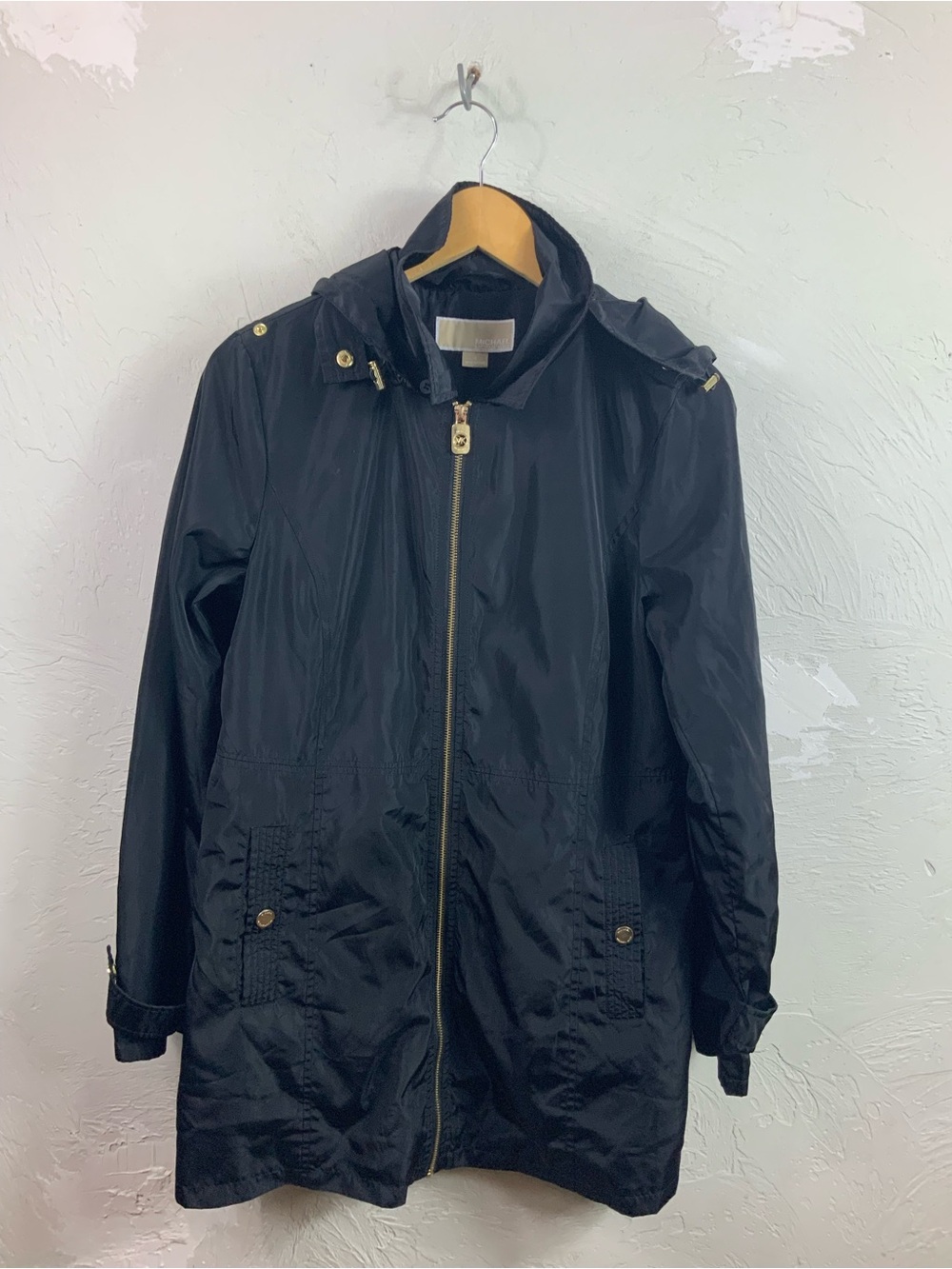 Michael Kors Womens Medium Black Hooded Anorak Rain Jacket MK Logo Lining